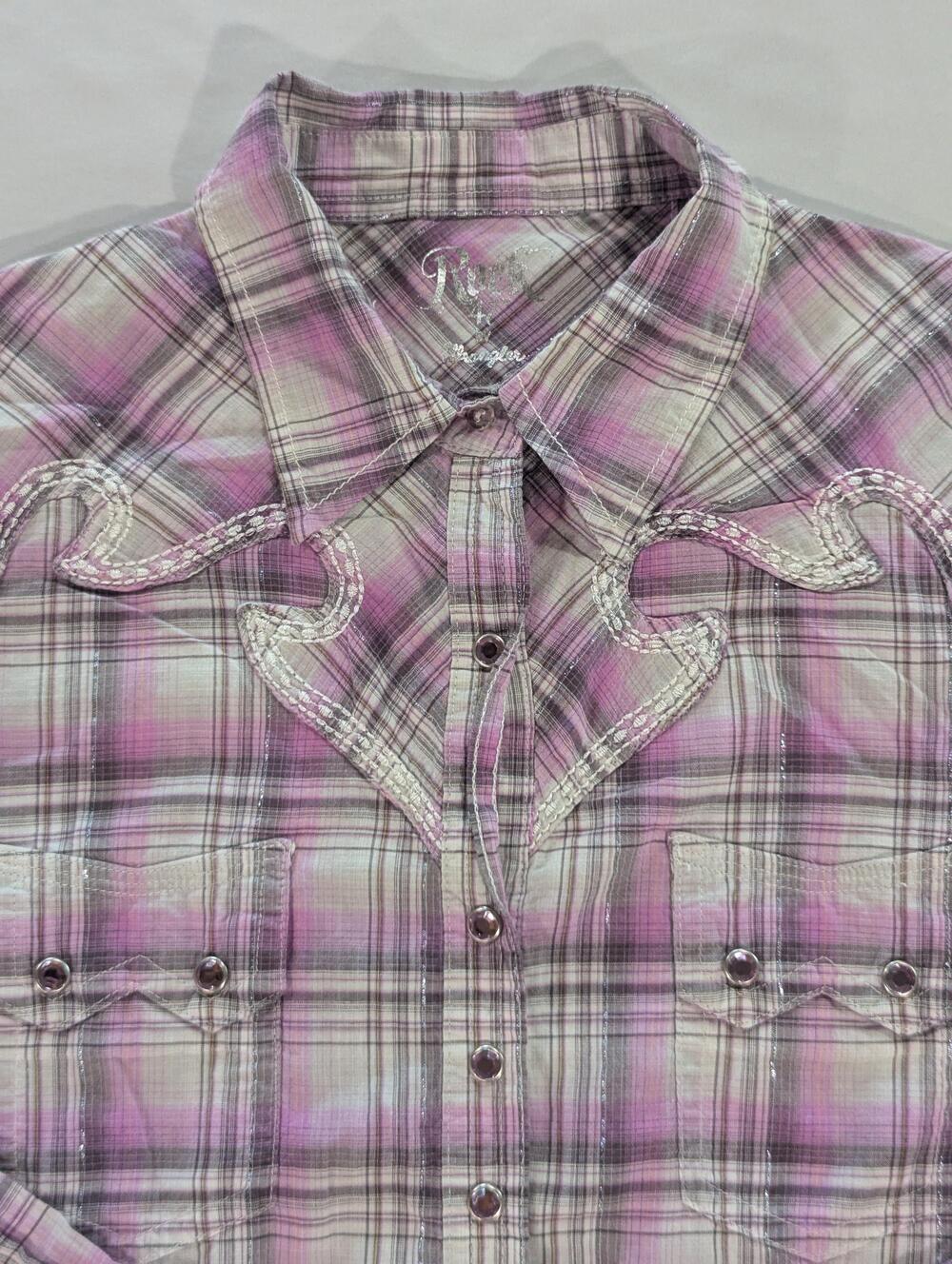 Rock 47 Wrangler Shirt Womens M Purple Plaid Long Sleeve Western Snap Rhinestone